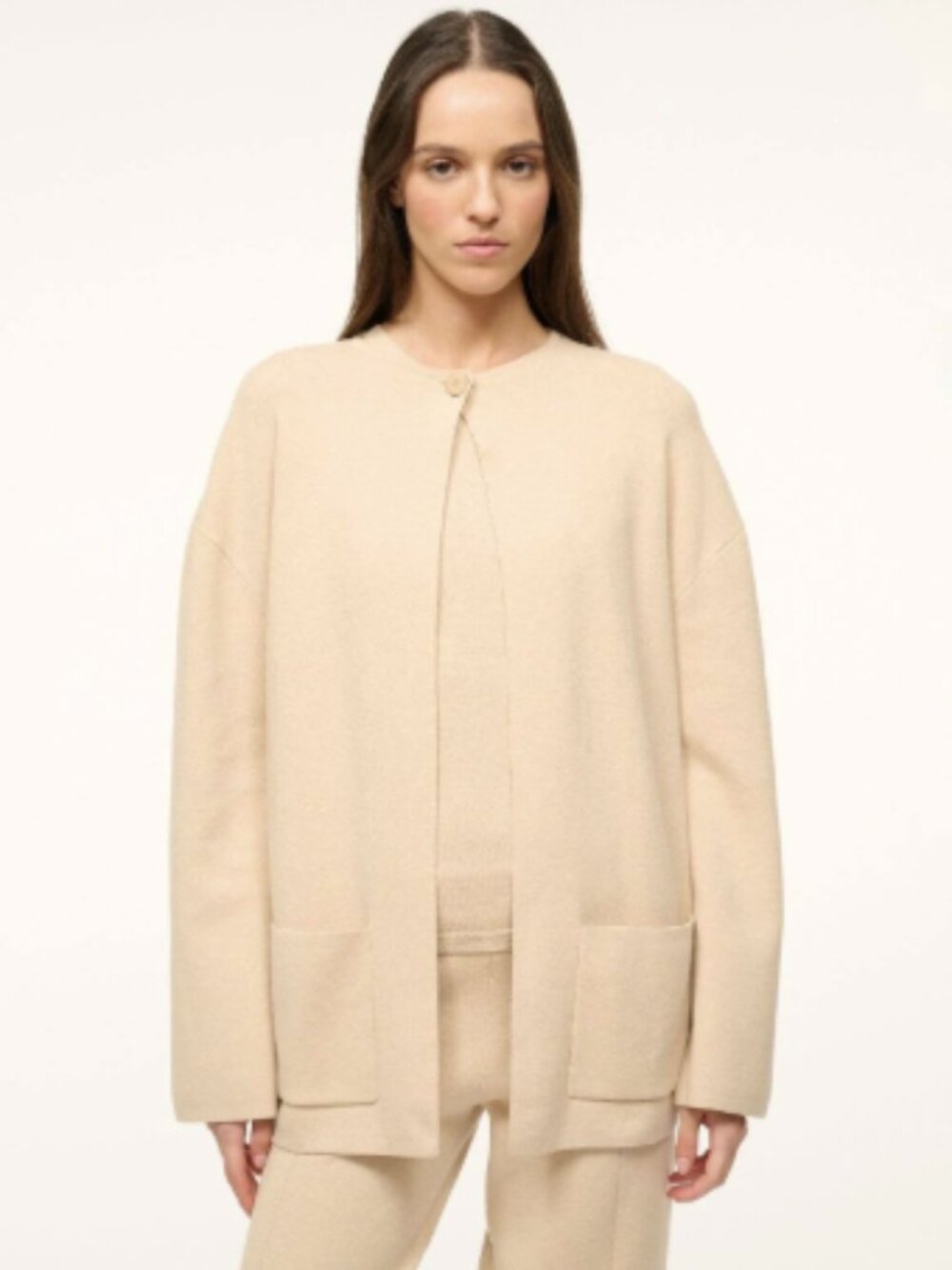 Staud Carry On Tan Beige Cotton Cashmere Single Button Long Cardigan Sweater S